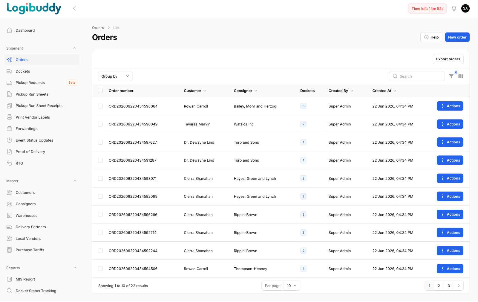 B2C orders list with consignors, docket counts and actions